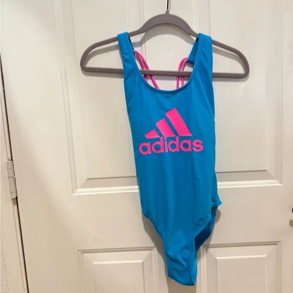 Adidas one piece logo cross back blue & pink swimsuit medium - Picture 6 of 9